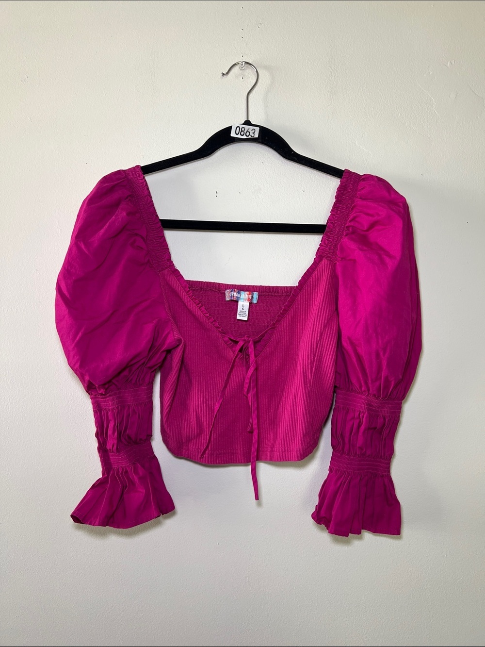 Urban Outfitters Magenta Puff-Sleeve Cropped Blouse with Tie